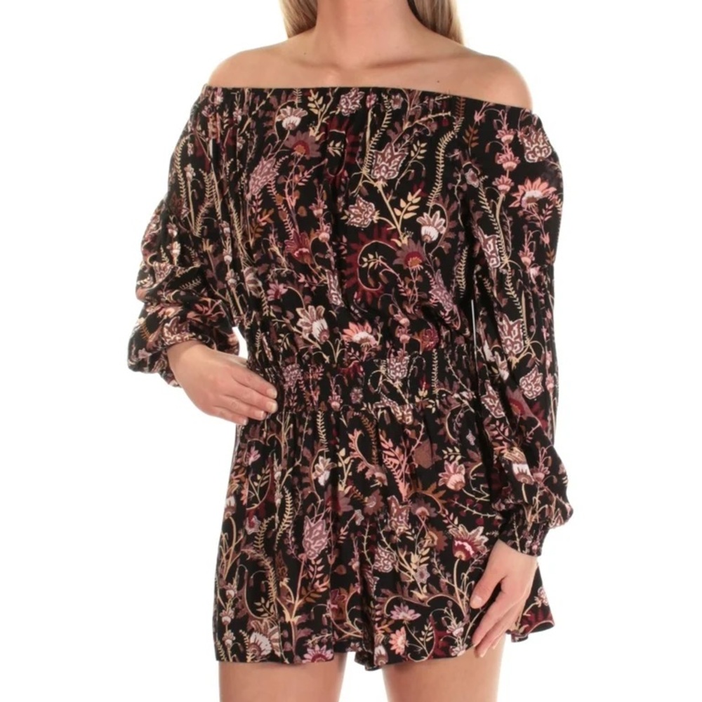 Sz M Free People Pretty and Free romper floral smocked waist black purple